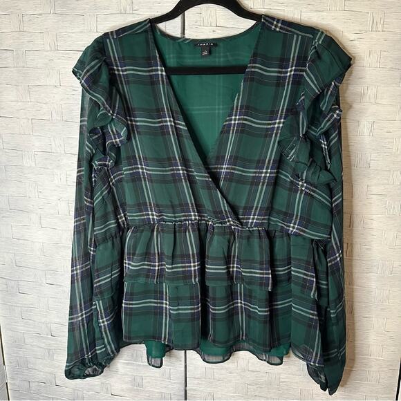Torrid Ruffled Chiffon Green Plaid Peplum Blouse feminine academia, plus size - Picture 4 of 12